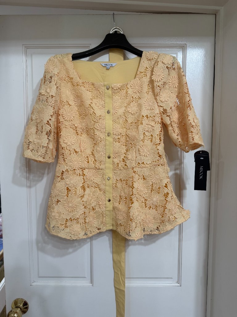 Sale New Wtags $338 Misook Lace Squareneck Button-Front Blouse Pale Gold Sz S